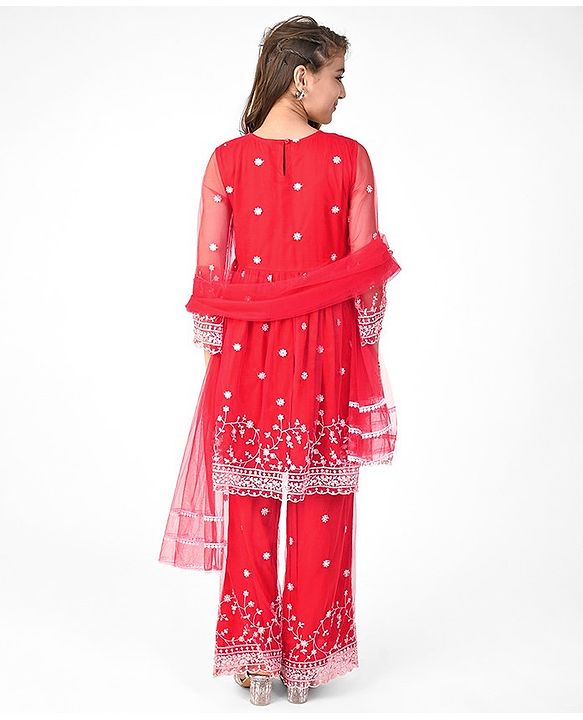 Pine Kids Full Sleeves Kurti  Salwar & Dupatta Set with Floral Embroidery- Poppy Red