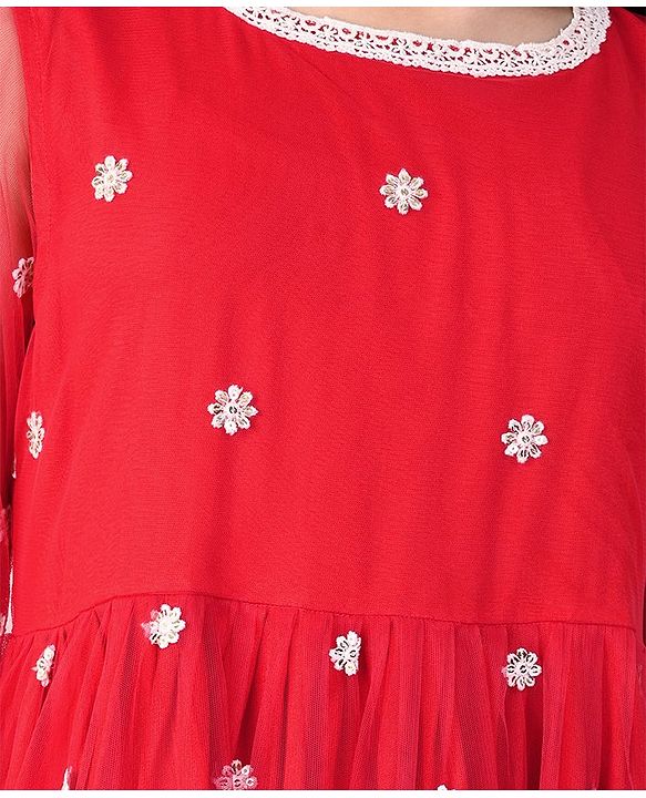 Pine Kids Full Sleeves Kurti  Salwar & Dupatta Set with Floral Embroidery- Poppy Red