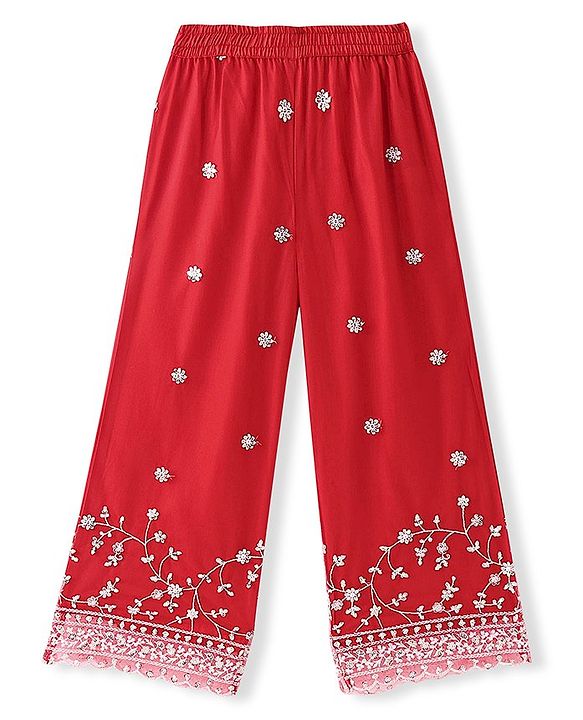 Pine Kids Full Sleeves Kurti  Salwar & Dupatta Set with Floral Embroidery- Poppy Red