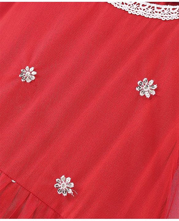 Pine Kids Full Sleeves Kurti  Salwar & Dupatta Set with Floral Embroidery- Poppy Red