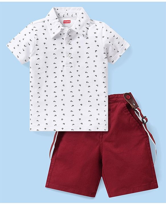Babyhug Cotton Woven Half Sleeves Polo T-Shirt & Shorts Set with Suspender Anchor Print - Maroon & White