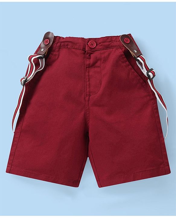 Babyhug Cotton Woven Half Sleeves Polo T-Shirt & Shorts Set with Suspender Anchor Print - Maroon & White