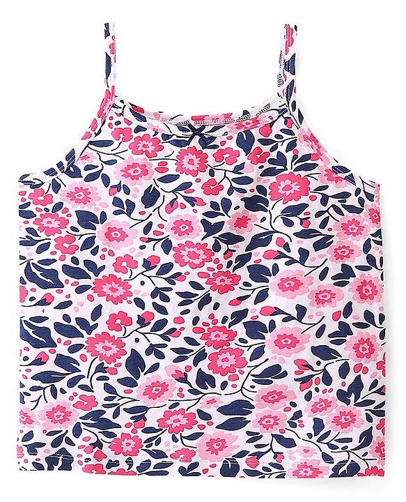 Pine Kids Cotton Spandex Knit Sleeveless Solid & Floral Print  Slips with Bow Applique Pack of 3 - Blue White & Pink