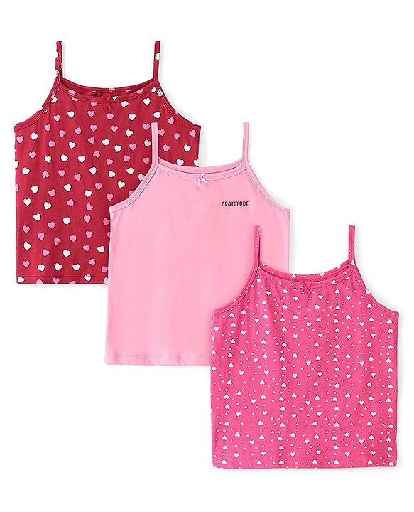 Pine Kids Cotton Spandex Sleeveless Slips Heart Print Pack of 3 - Pink & Maroon