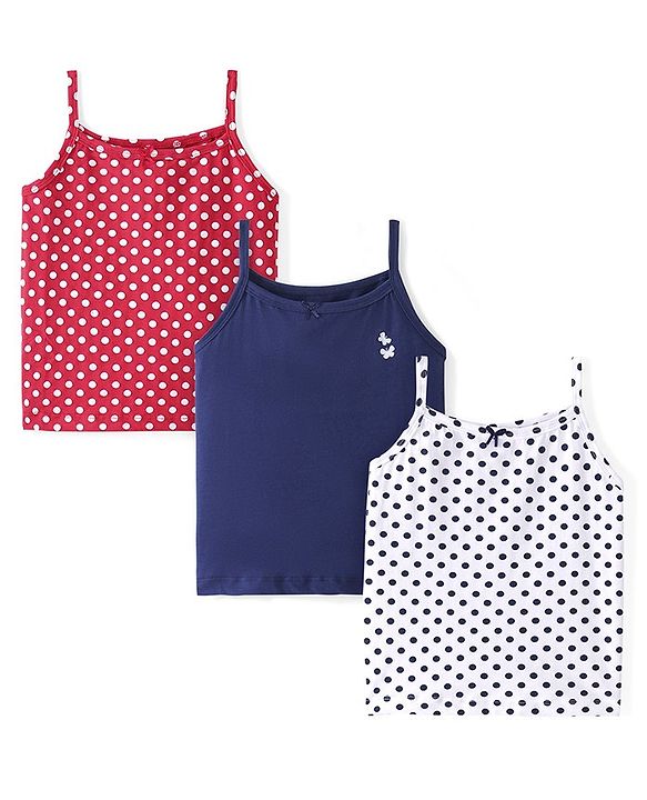 Pine Kids Cotton Lycra Knit Sleeveless  Slips POlka Dotted & Butterfly Print with Bow Applique Pack of 3 - Blue Red & White