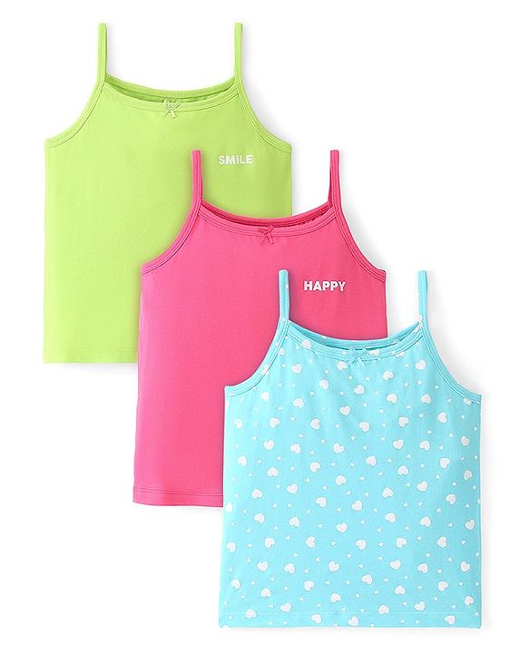 Pine Kids Cotton Lycra Sleeveless Heart Printed Inner Slips Pack of 3 - Pink Turquoise & Green