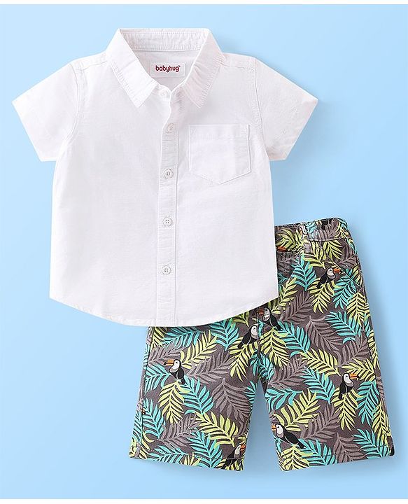 Babyhug 100% Cotton Woven Half Sleeves Shirt & Shorts Set Tropical Theme - White & Green