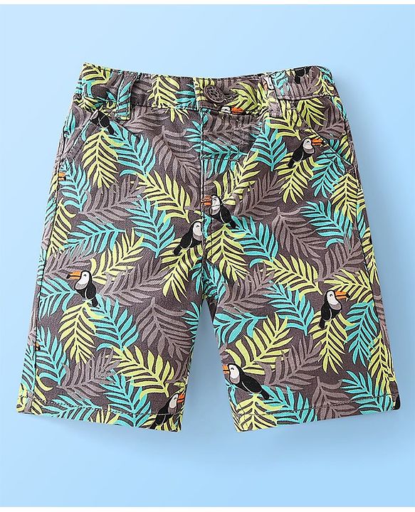 Babyhug 100% Cotton Woven Half Sleeves Shirt & Shorts Set Tropical Theme - White & Green