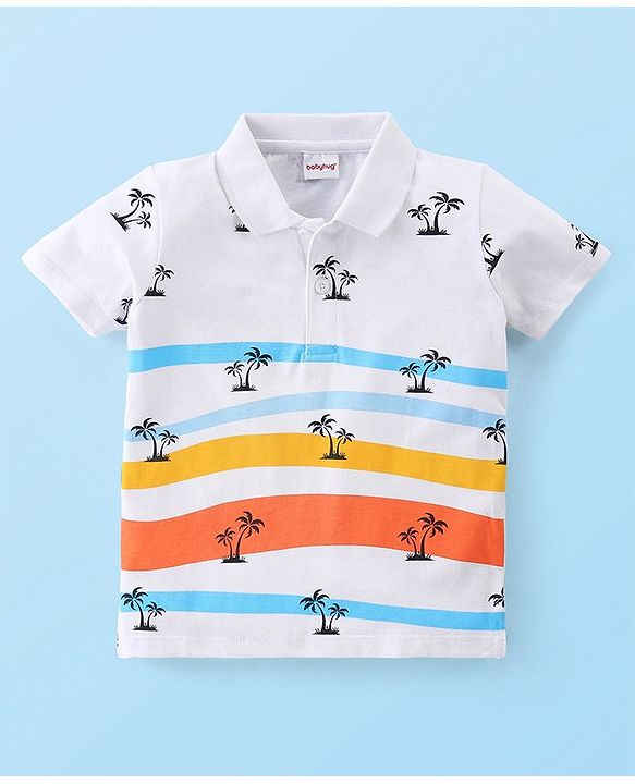 Babyhug Cotton Half Sleeves Polo T-Shirt with Tropical Print - White