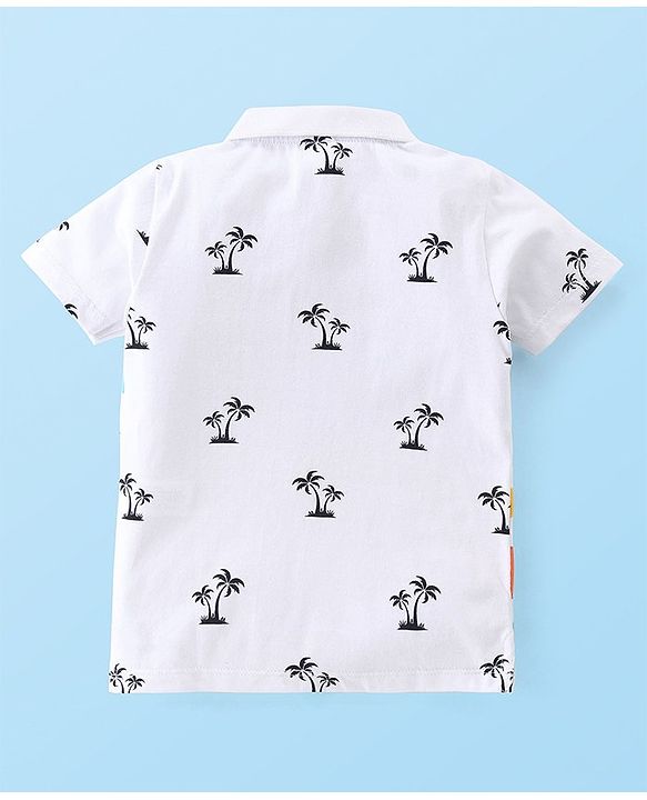 Babyhug Cotton Half Sleeves Polo T-Shirt with Tropical Print - White