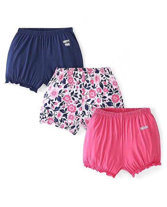 Pine Kids Cotton Lycra Bloomers Floral Print Pack Of 3 - Pink White & Blue