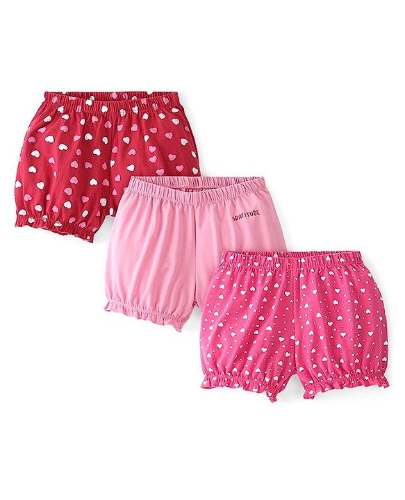 Pine Kids Cotton Lycra Knit Heart Printed Bloomers Pack Of 3 - Pink & Maroon