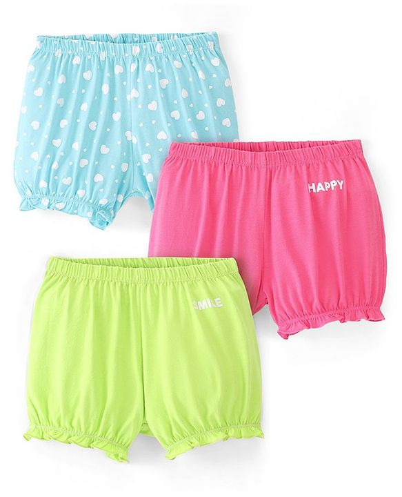 Pine Kids Cotton Lycra Heart Print Bloomers Pack Of 3 - Pink Blue & Green