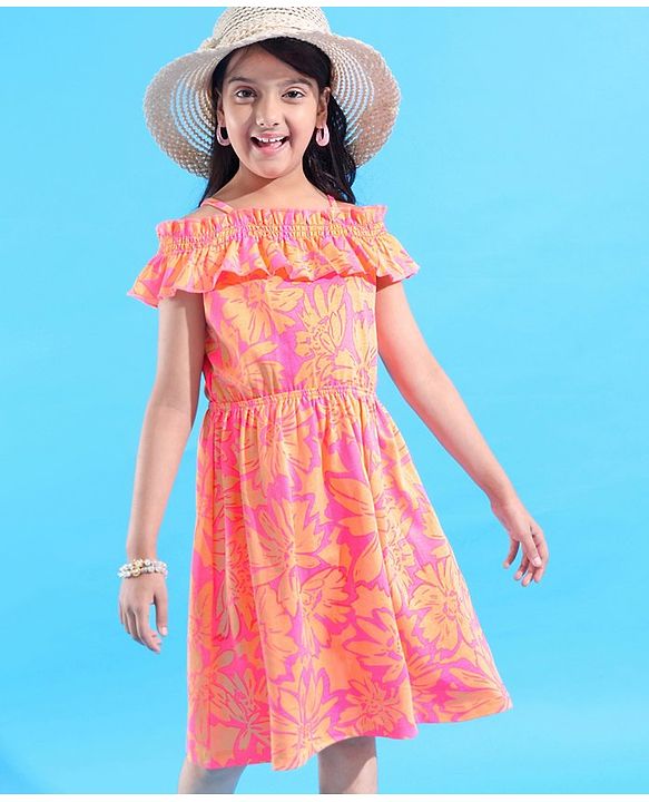 Pine Kids 100% Cotton Knit Sleevless Singlet Frock with Floral Print - Neon Pink