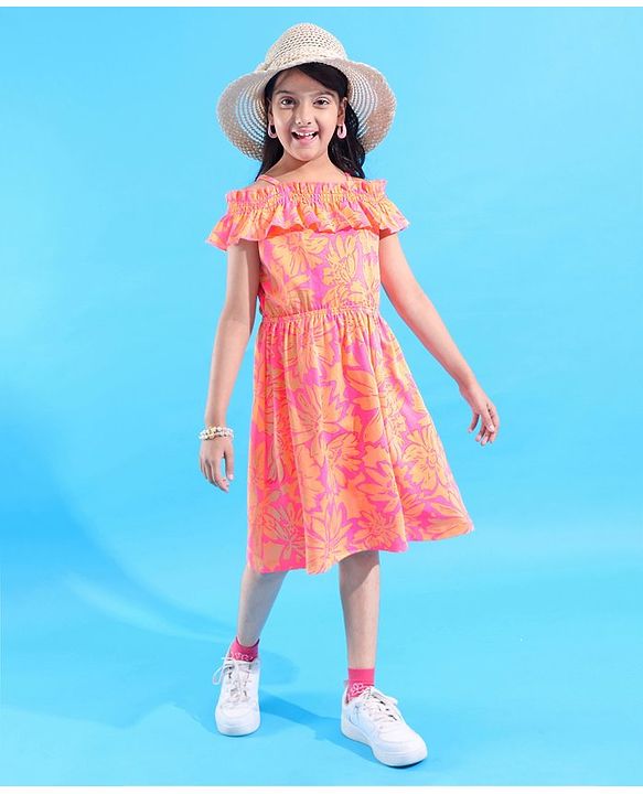 Pine Kids 100% Cotton Knit Sleevless Singlet Frock with Floral Print - Neon Pink