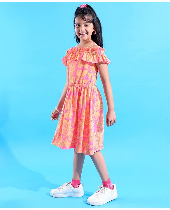 Pine Kids 100% Cotton Knit Sleevless Singlet Frock with Floral Print - Neon Pink