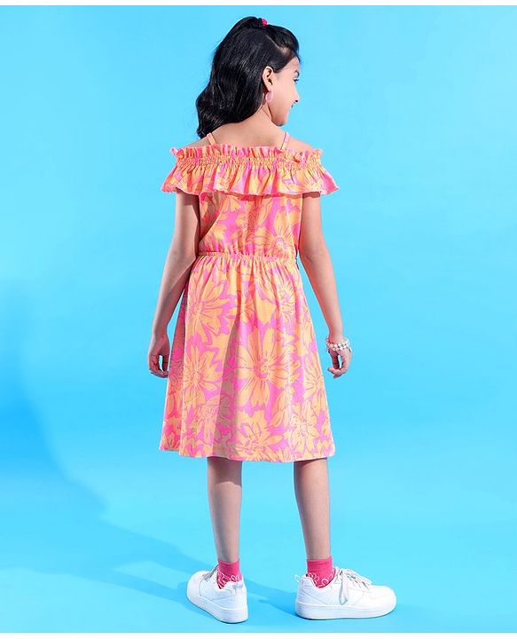 Pine Kids 100% Cotton Knit Sleevless Singlet Frock with Floral Print - Neon Pink
