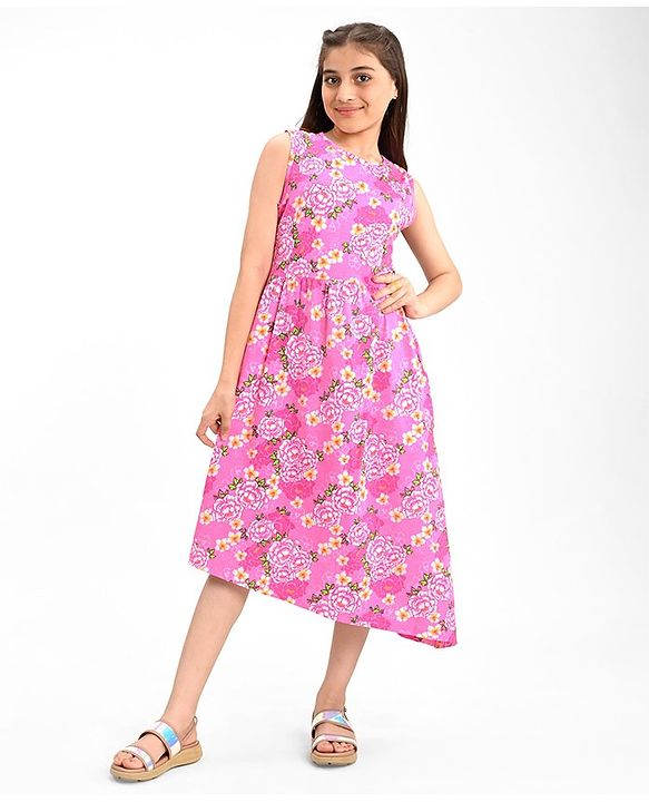 Pine Kids 100% Cotton Knit Sleeveless Frock Floral Print - Pink Frosting