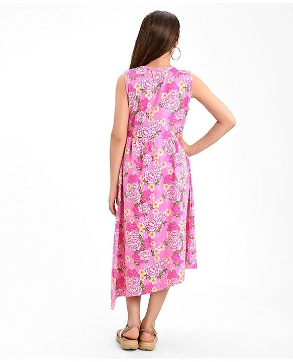 Pine Kids 100% Cotton Knit Sleeveless Frock Floral Print - Pink Frosting
