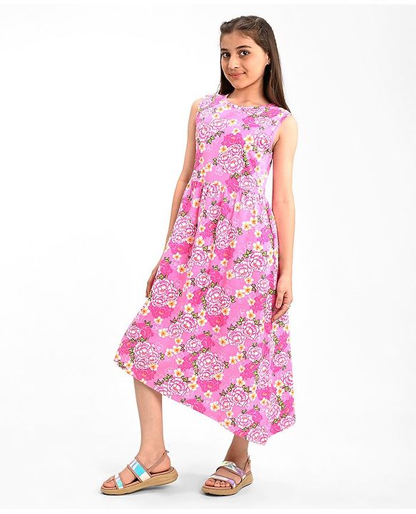 Pine Kids 100% Cotton Knit Sleeveless Frock Floral Print - Pink Frosting