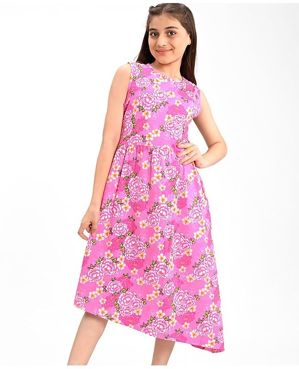 Pine Kids 100% Cotton Knit Sleeveless Frock Floral Print - Pink Frosting