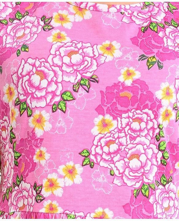 Pine Kids 100% Cotton Knit Sleeveless Frock Floral Print - Pink Frosting
