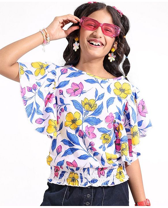 Pine Kids Half Sleeves Top With Floral Print - White