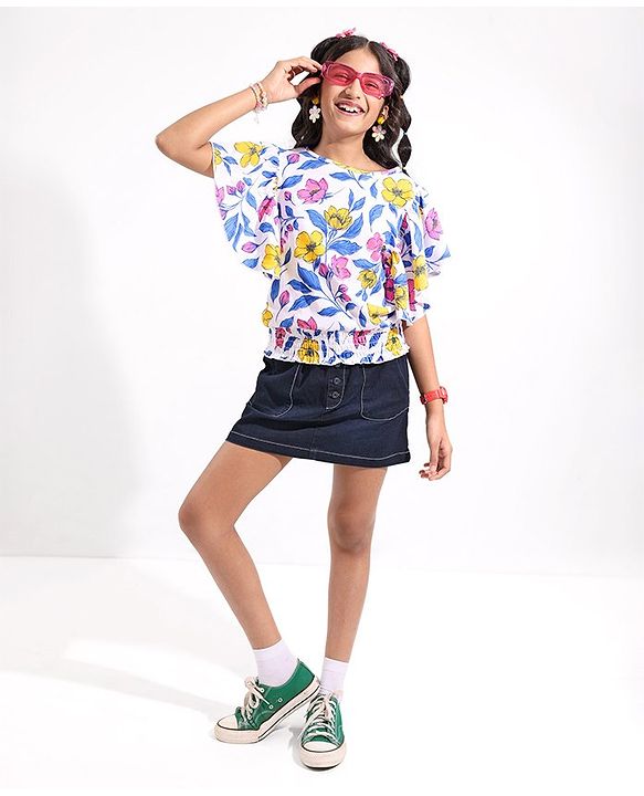 Pine Kids Half Sleeves Top With Floral Print - White