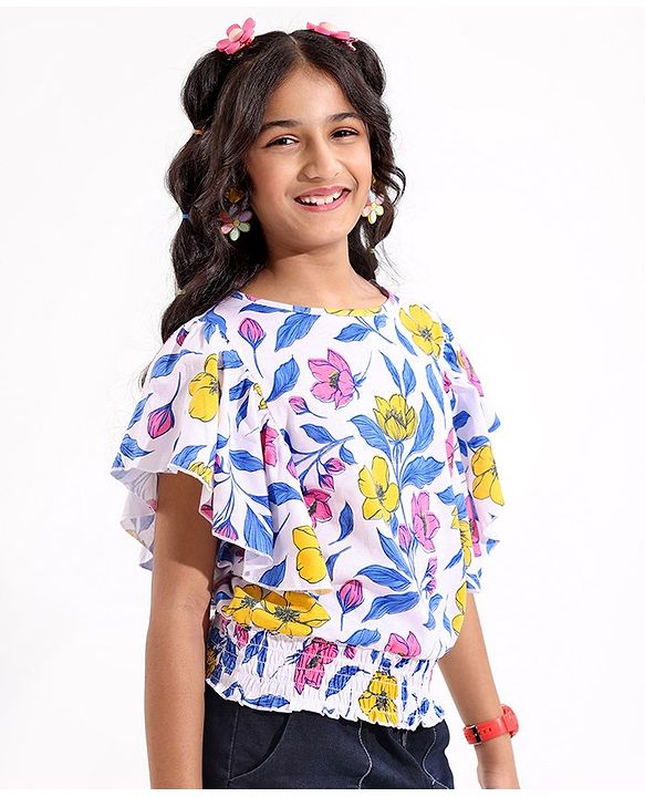 Pine Kids Half Sleeves Top With Floral Print - White