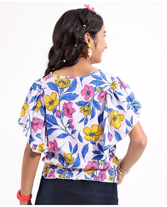 Pine Kids Half Sleeves Top With Floral Print - White