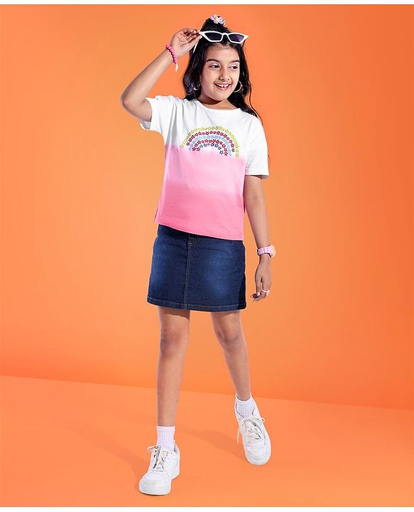 Pine Kids Cotton Knit Half Sleeves Dual Toned T-Shirt with Floral Print - Pink & White
