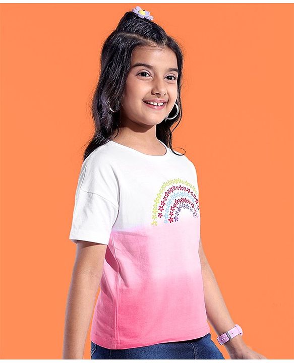 Pine Kids Cotton Knit Half Sleeves Dual Toned T-Shirt with Floral Print - Pink & White
