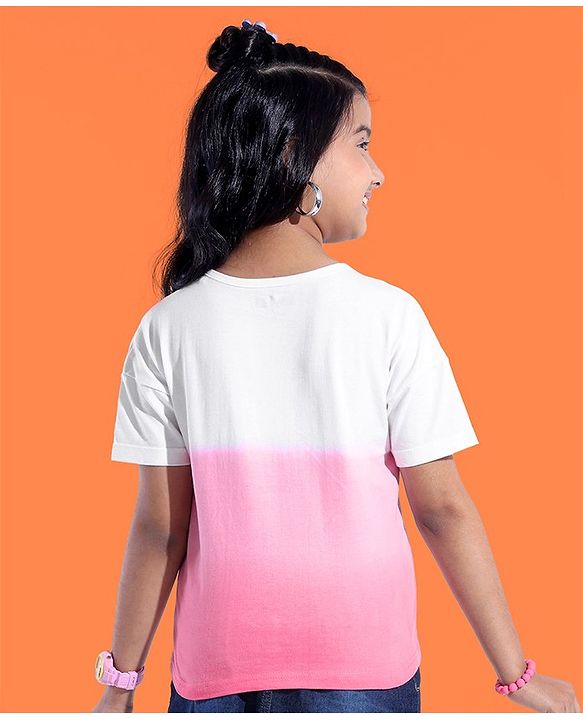 Pine Kids Cotton Knit Half Sleeves Dual Toned T-Shirt with Floral Print - Pink & White