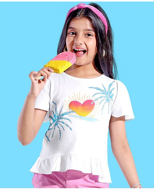Pine Kids 100% Cotton Half Sleeves Palm Tree Print Top - White