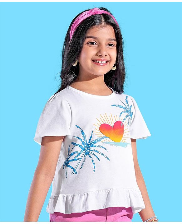 Pine Kids 100% Cotton Half Sleeves Palm Tree Print Top - White