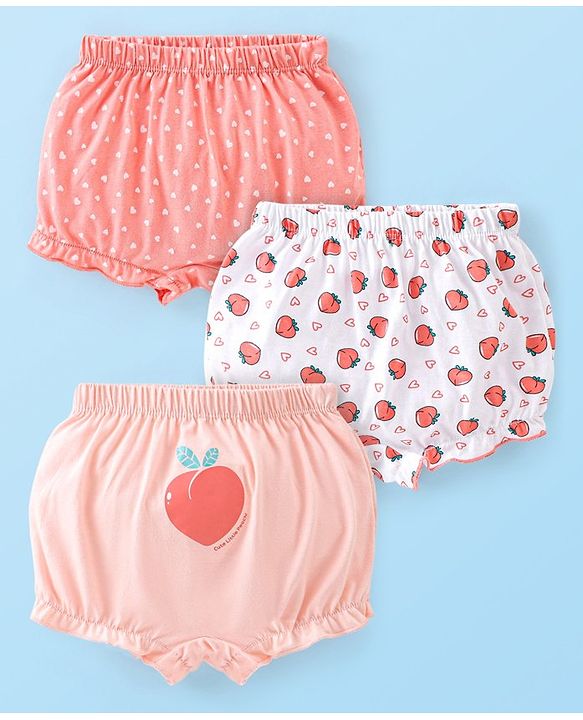 Babyhug 100% Cotton Knit Fruity Print Bloomers Pack of 3 - Peach & White