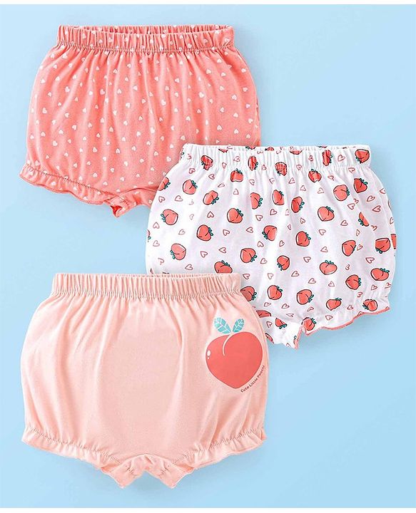 Babyhug 100% Cotton Knit Fruity Print Bloomers Pack of 3 - Peach & White