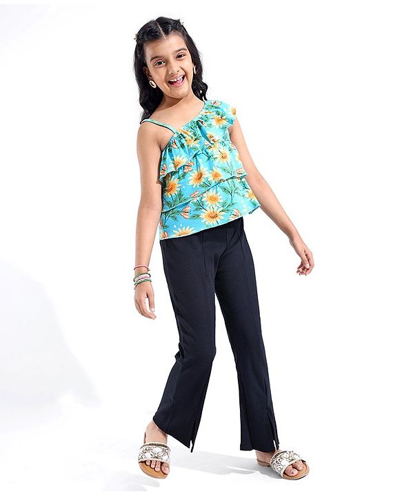Pine Kids Cotton Sleeveless Layered Top Floral Print - Blue Radiance