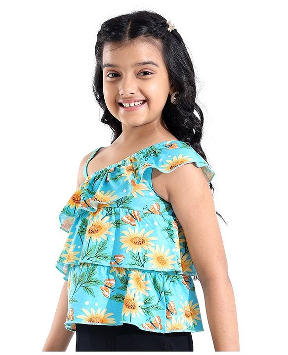 Pine Kids Cotton Sleeveless Layered Top Floral Print - Blue Radiance