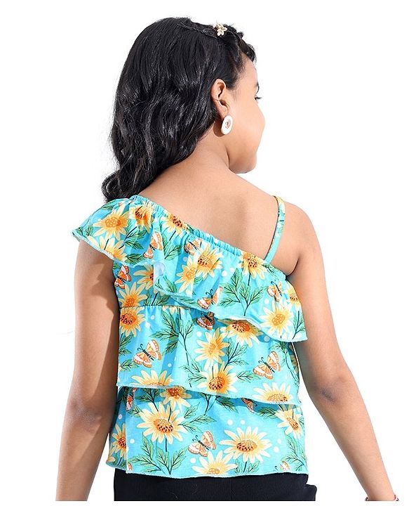 Pine Kids Cotton Sleeveless Layered Top Floral Print - Blue Radiance