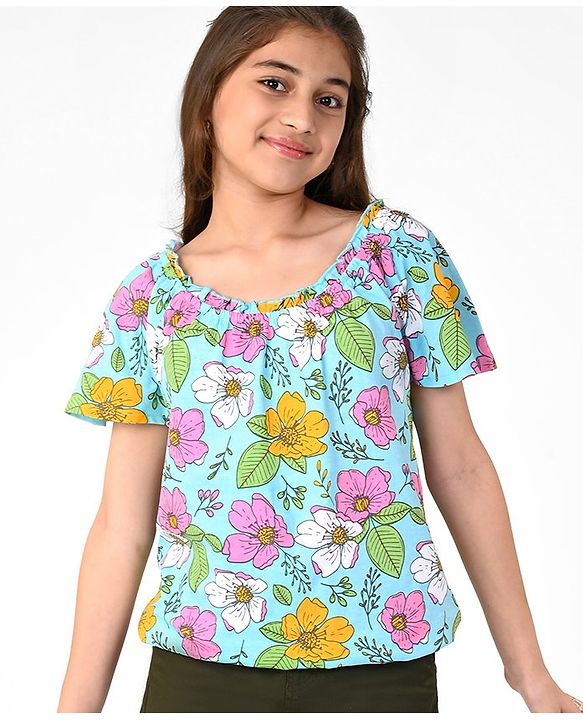 Pine Kids Cotton Knit Half Sleeves Limpet Shell Top Floral Print - Turquoise Blue