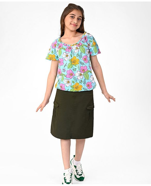 Pine Kids Cotton Knit Half Sleeves Limpet Shell Top Floral Print - Turquoise Blue