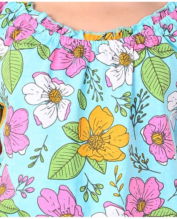 Pine Kids Cotton Knit Half Sleeves Limpet Shell Top Floral Print - Turquoise Blue