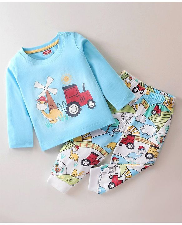 Babyhug Single Jersey Knit  Full Sleeves Night Suit with Tractor & Dino Print - Blue