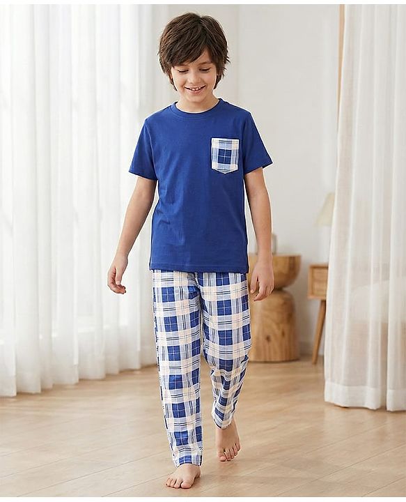 Pine Kids 100% C0tton Single Jersey Knit Half Sleeves Full Length Night Suit Text Print - Limoges