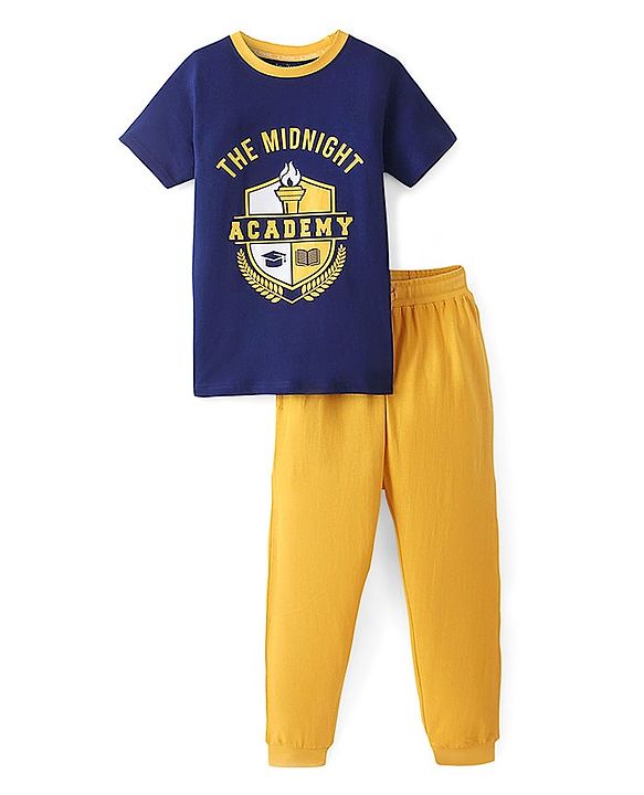 Pine Kids Single Jersey Half Sleeves Night Suit Academy Print - Blue Depth & Old Gold