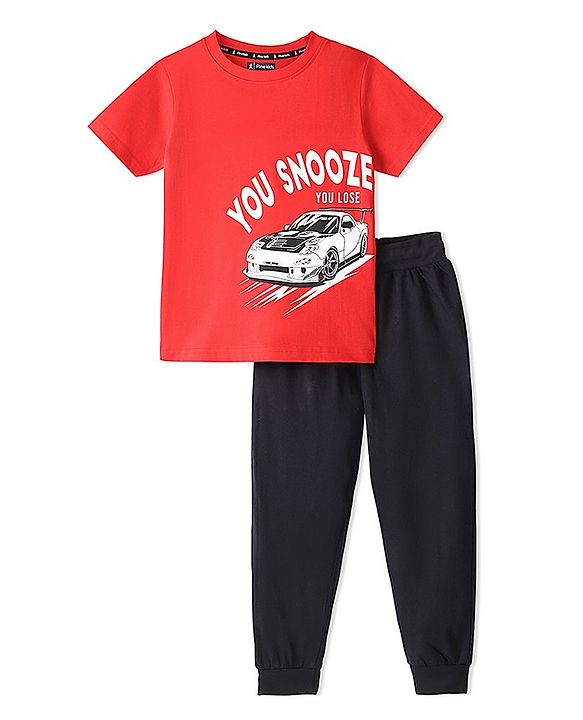 Pine Kids 100% Cotton Single Jersey Knit Half Sleeves Night Suit Car Print-High Risk Red & Jet Black