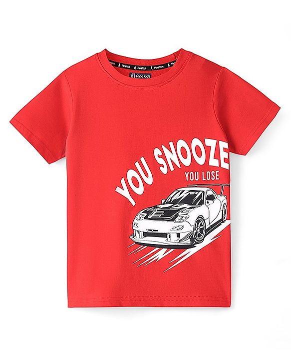 Pine Kids 100% Cotton Single Jersey Knit Half Sleeves Night Suit Car Print-High Risk Red & Jet Black