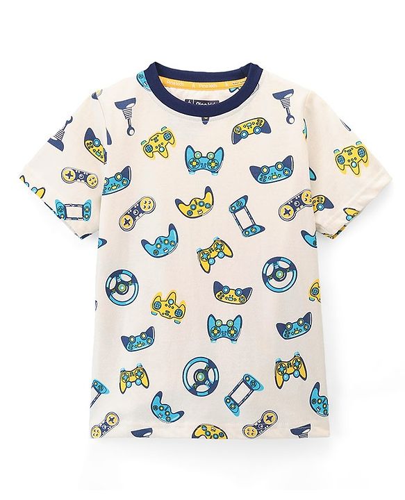 Pine Kids Cotton Knit Single Jersey Half Sleeves Game Controller Print Night Suit- White & Black