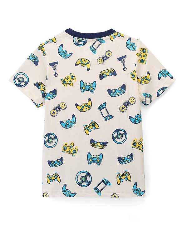 Pine Kids Cotton Knit Single Jersey Half Sleeves Game Controller Print Night Suit- White & Black